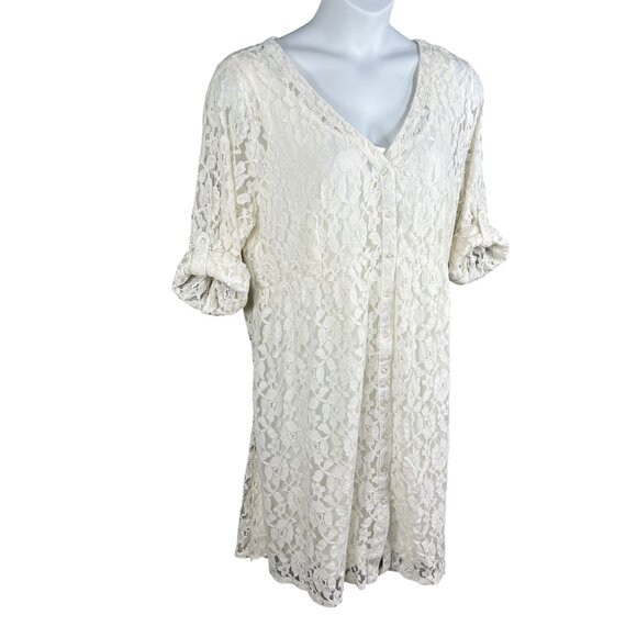 Torrid 2X NWT Womens White Lace Overlay Button-Front Shirt Dress Roll Tab Sleeve - Picture 6 of 16